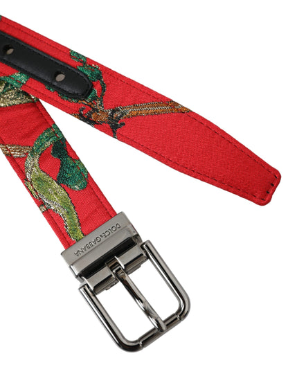  - Red Leather Jacquard Silver Metal Buckle Belt