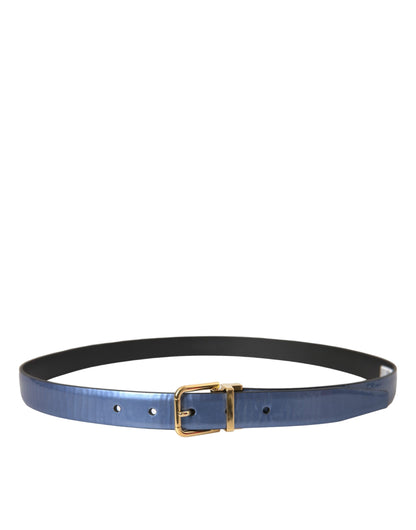  - Metallic Blue Leather Gold Metal Buckle Belt