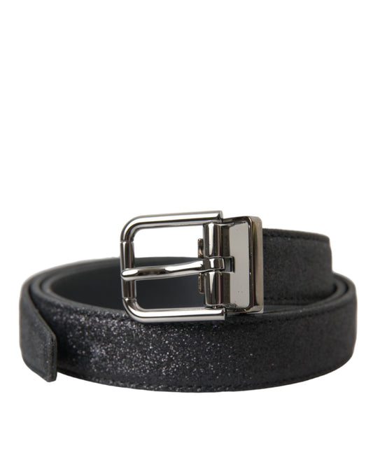  - Black Glittered Leather Silver Buckle Belt