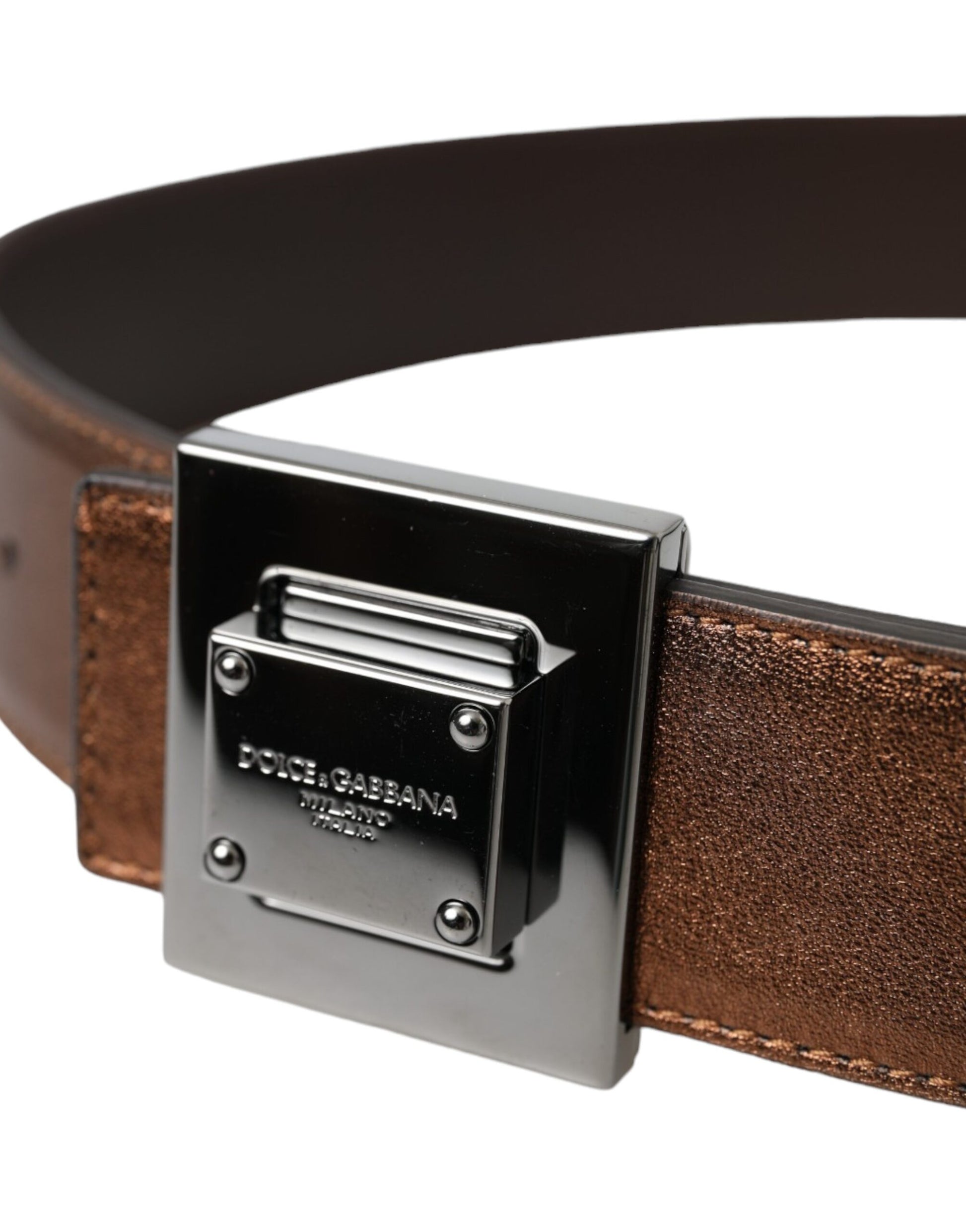 Metallic Bronze Leather Square Metal Buckle Belt