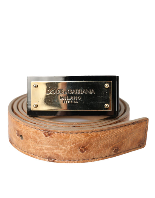  - Beige Leather Gold Logo Engraved Buckle Belt