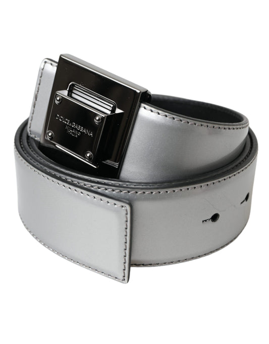  - Silver Leather Square Metal Buckle Belt