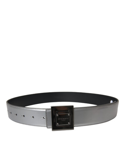  - Silver Leather Square Metal Buckle Belt