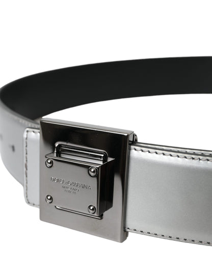  - Silver Leather Square Metal Buckle Belt