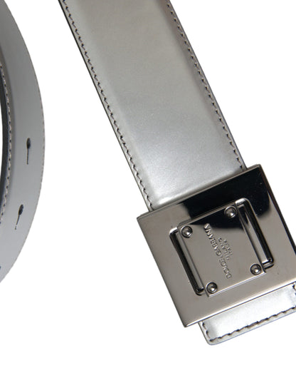  - Silver Leather Square Metal Buckle Belt