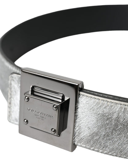  - Silver Leather Square Metal Buckle Belt