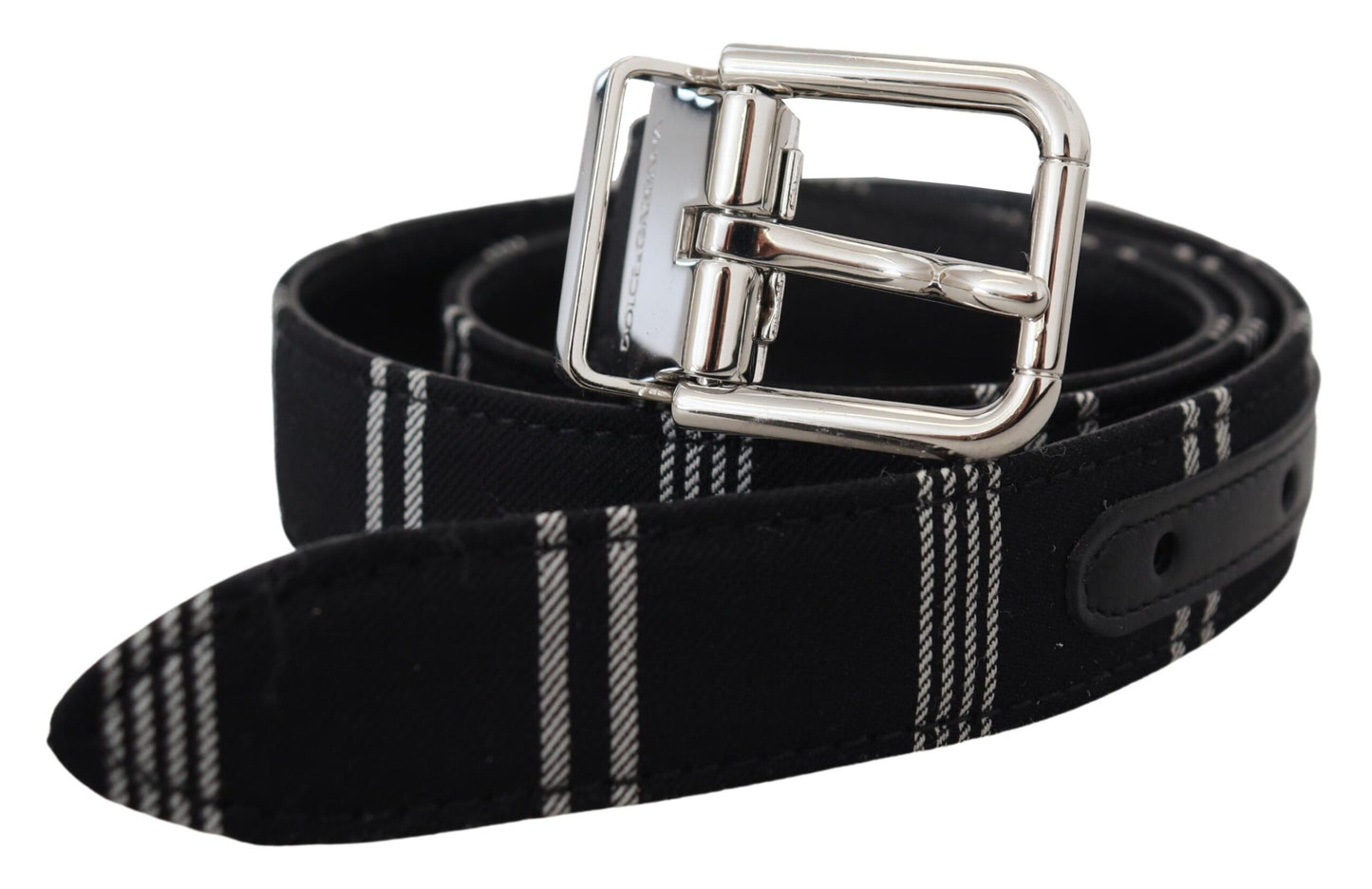  - Black White Cotton Metal Silver Buckle Belt