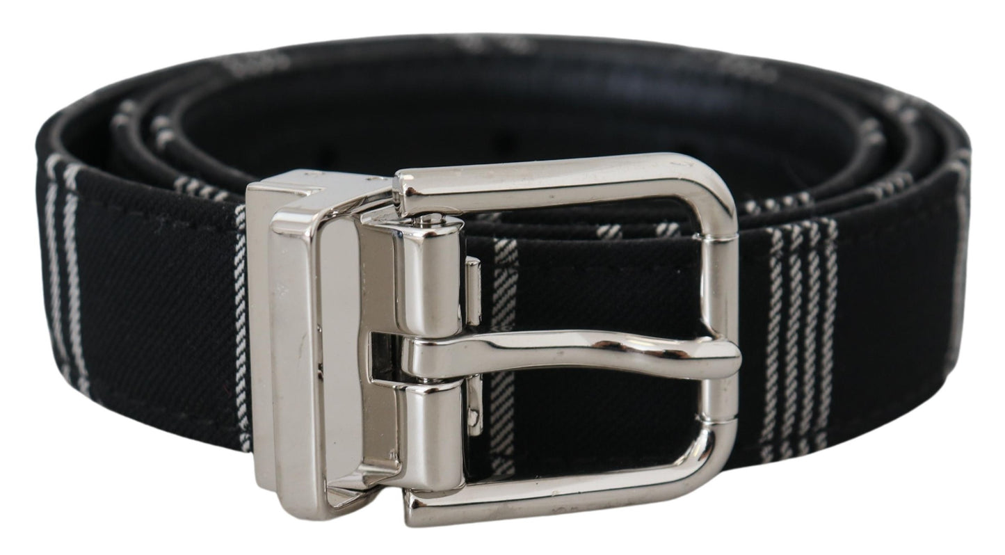  - Black White Cotton Metal Silver Buckle Belt