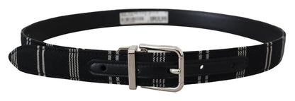  - Black White Cotton Metal Silver Buckle Belt