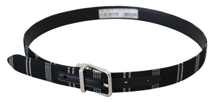  - Black White Cotton Metal Silver Buckle Belt