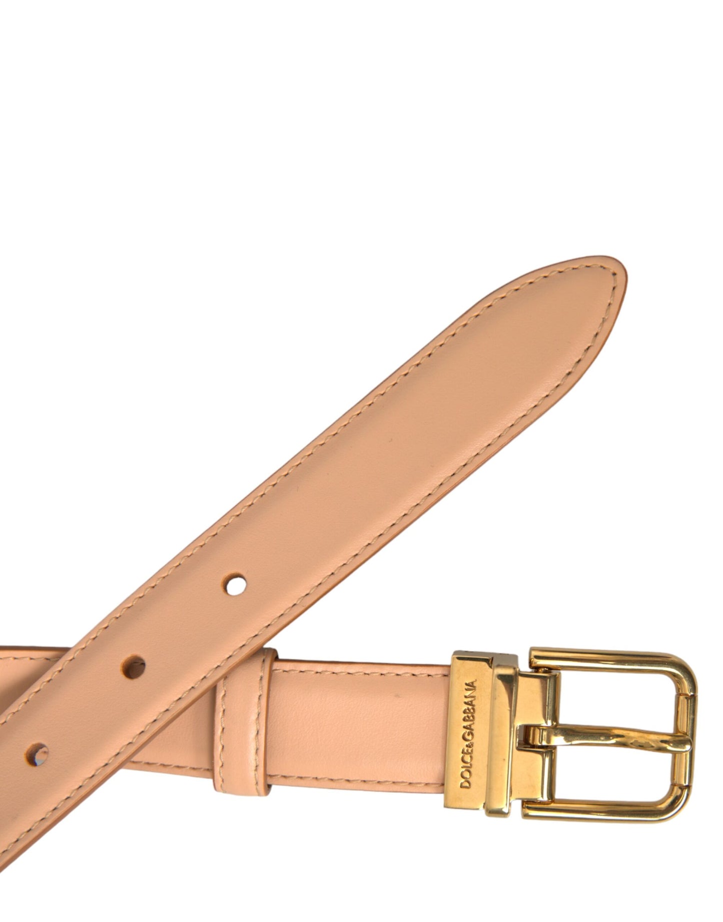  - Beige Calfskin Leather Gold Metal Buckle Belt