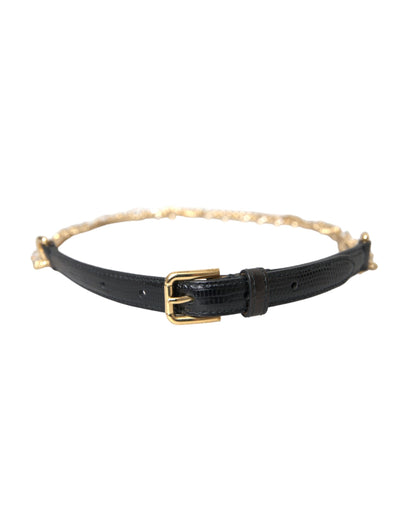  - Black Leather Gold Chain Crystal Waist Women Belt