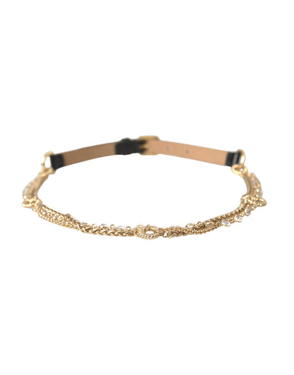  - Black Leather Gold Chain Crystal Waist Women Belt