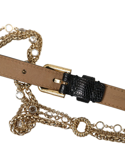  - Black Leather Gold Chain Crystal Waist Women Belt