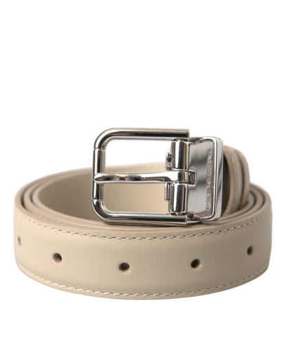  - Beige Calfskin Leather Silver Metal Buckle Belt