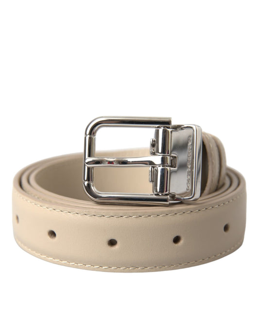  - Beige Calfskin Leather Silver Metal Buckle Belt