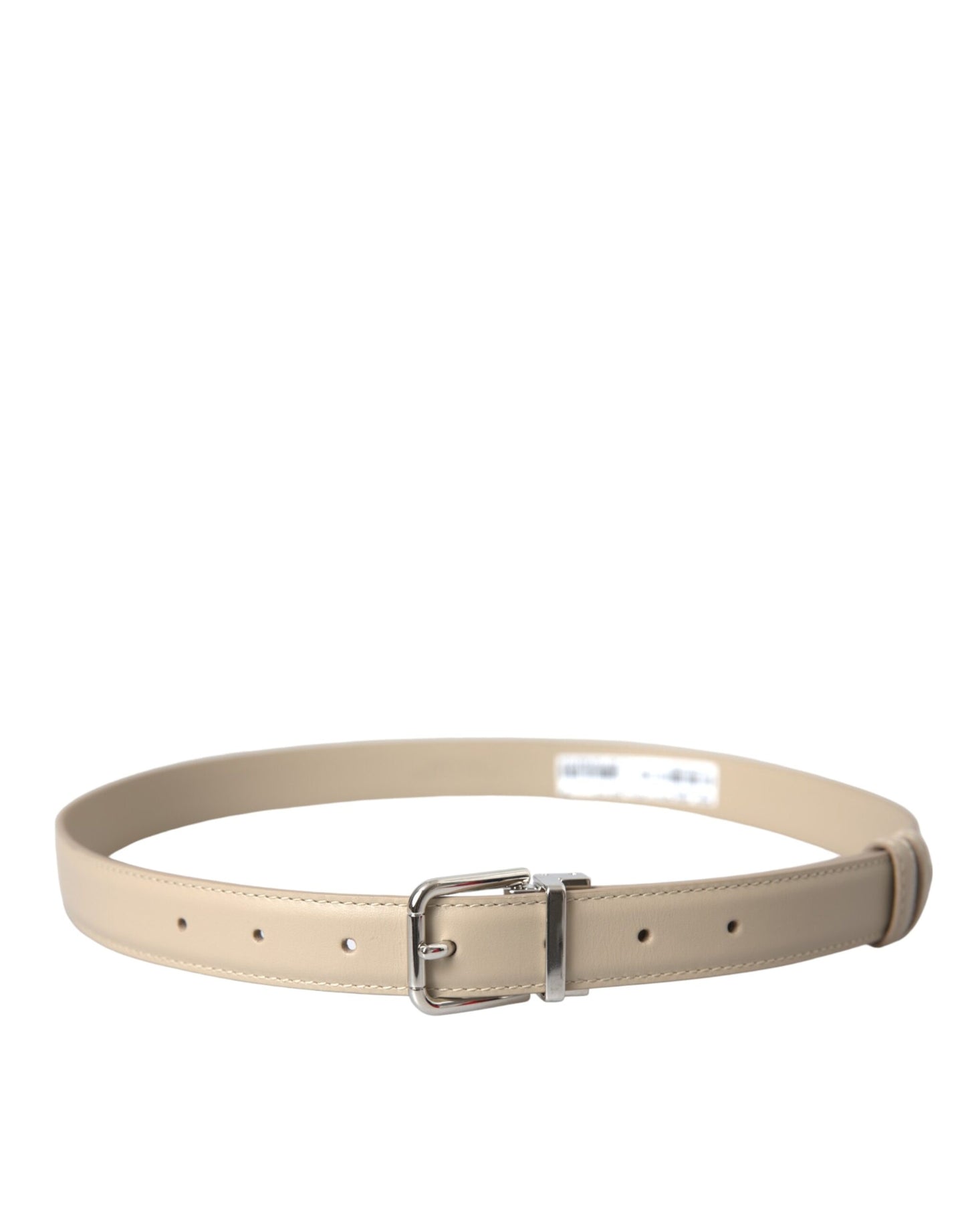  - Beige Calfskin Leather Silver Metal Buckle Belt