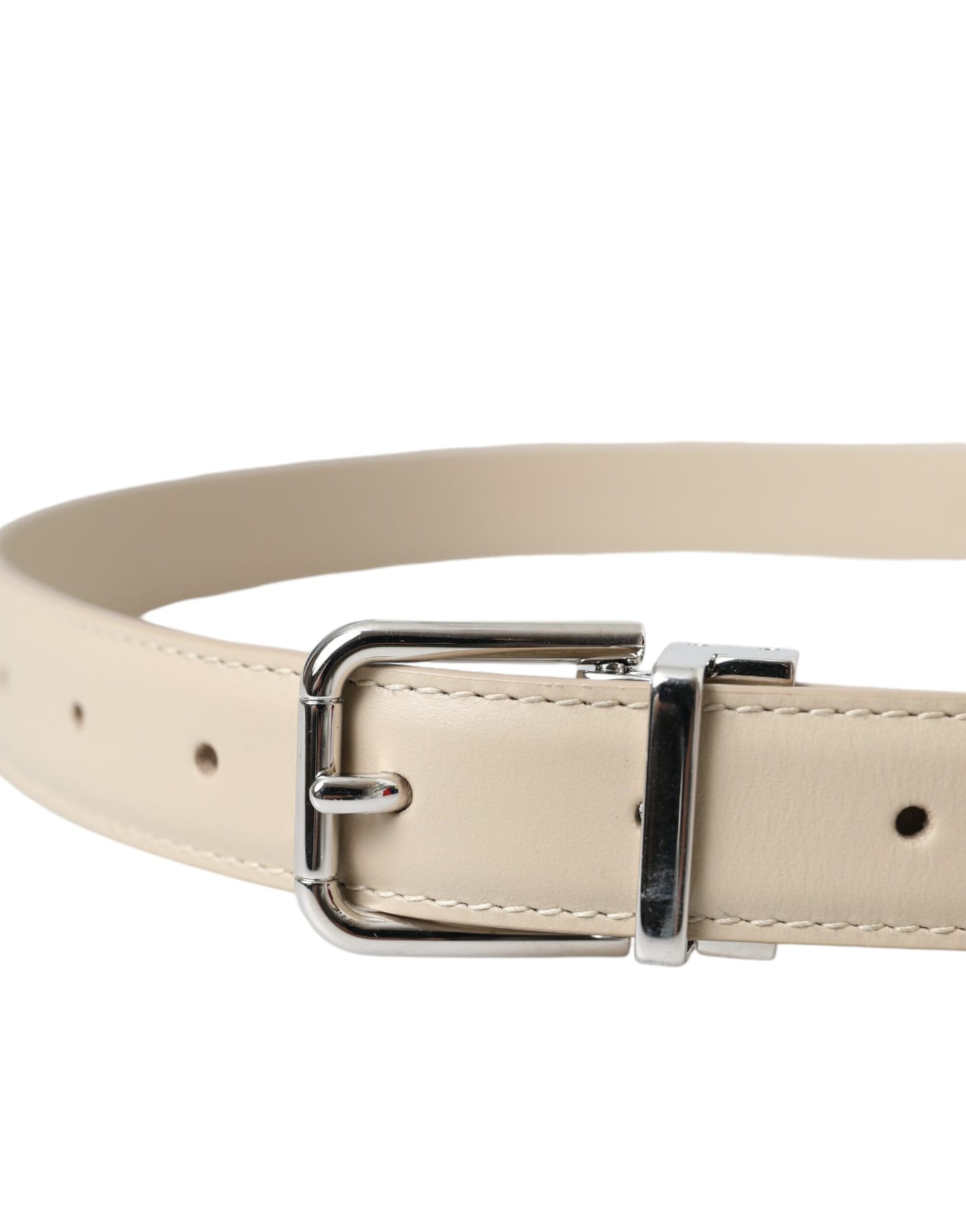  - Beige Calfskin Leather Silver Metal Buckle Belt