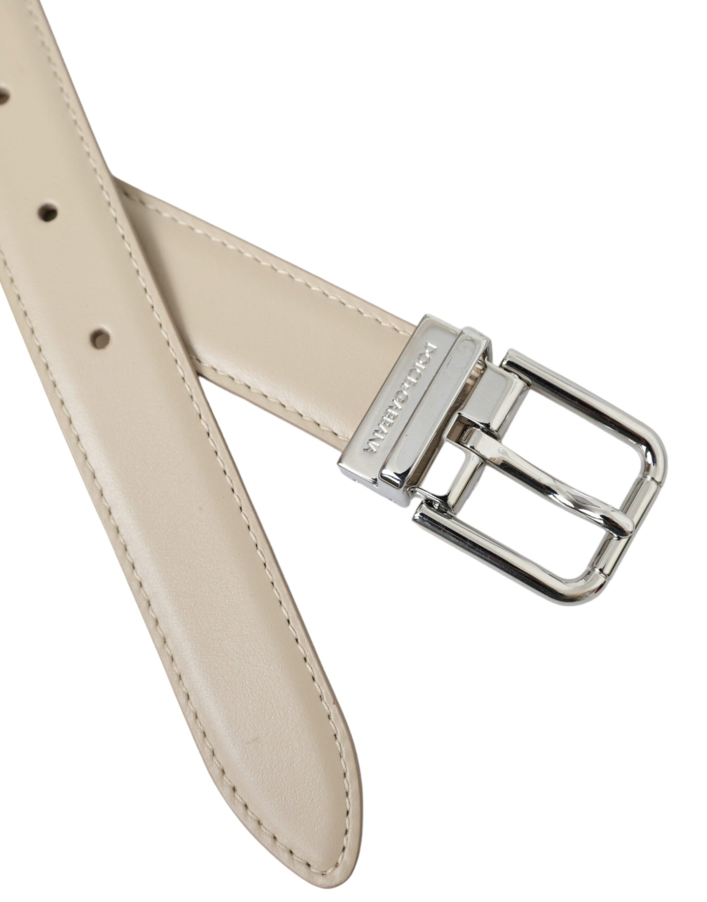  - Beige Calfskin Leather Silver Metal Buckle Belt