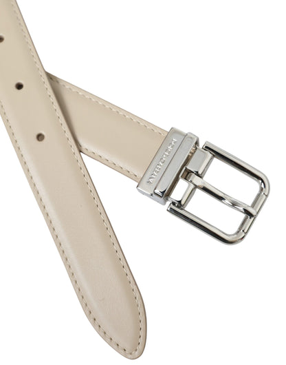  - Beige Calfskin Leather Silver Metal Buckle Belt