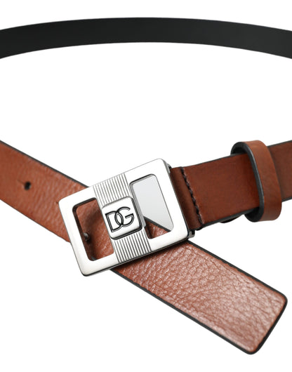  - Dark Brown Leather Square Metal Buckle Belt