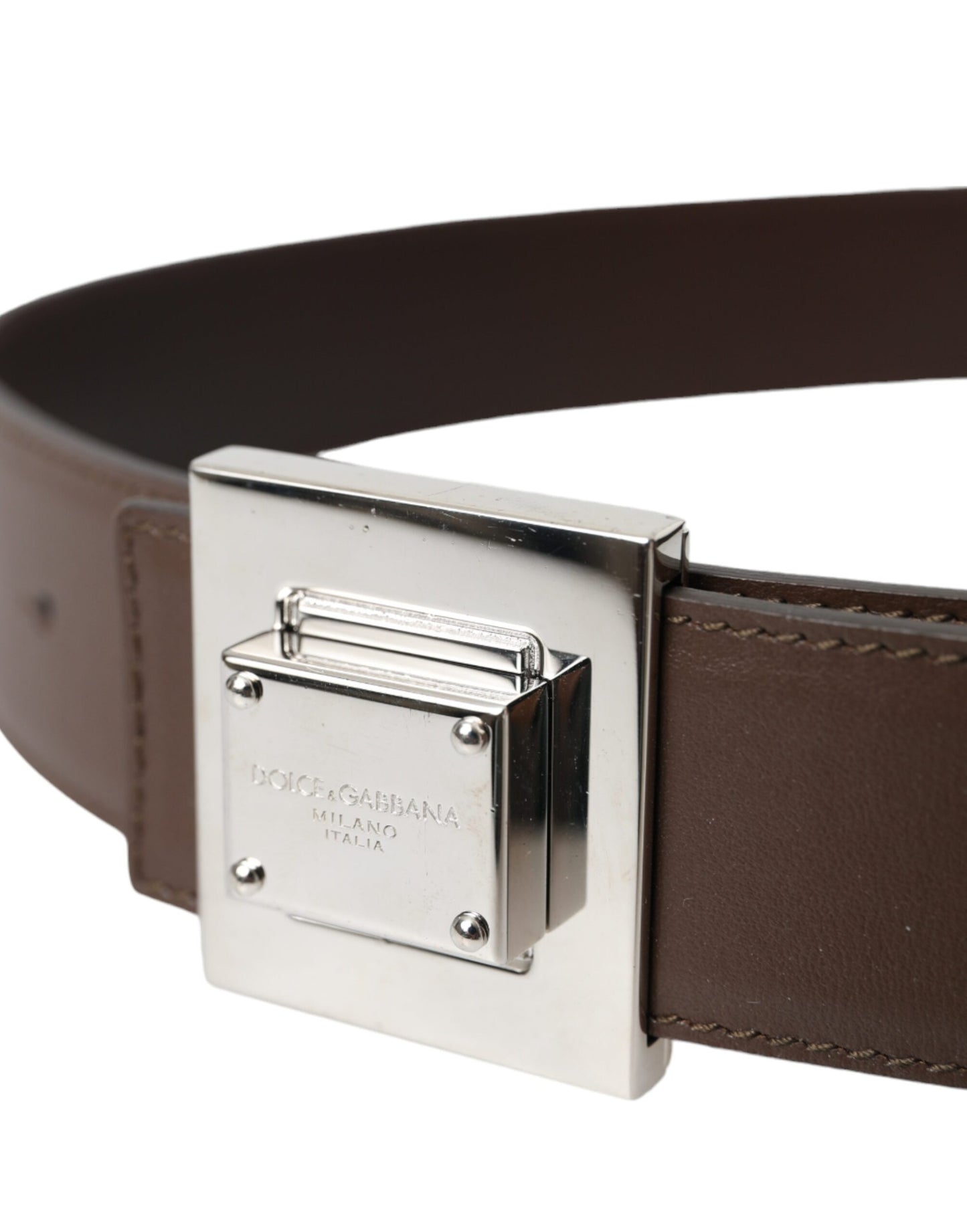  - Brown Calf Leather Square Metal Buckle Belt