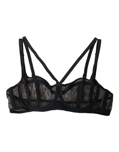  - Black Floral Lace Nylon Balconcino Bra Underwear