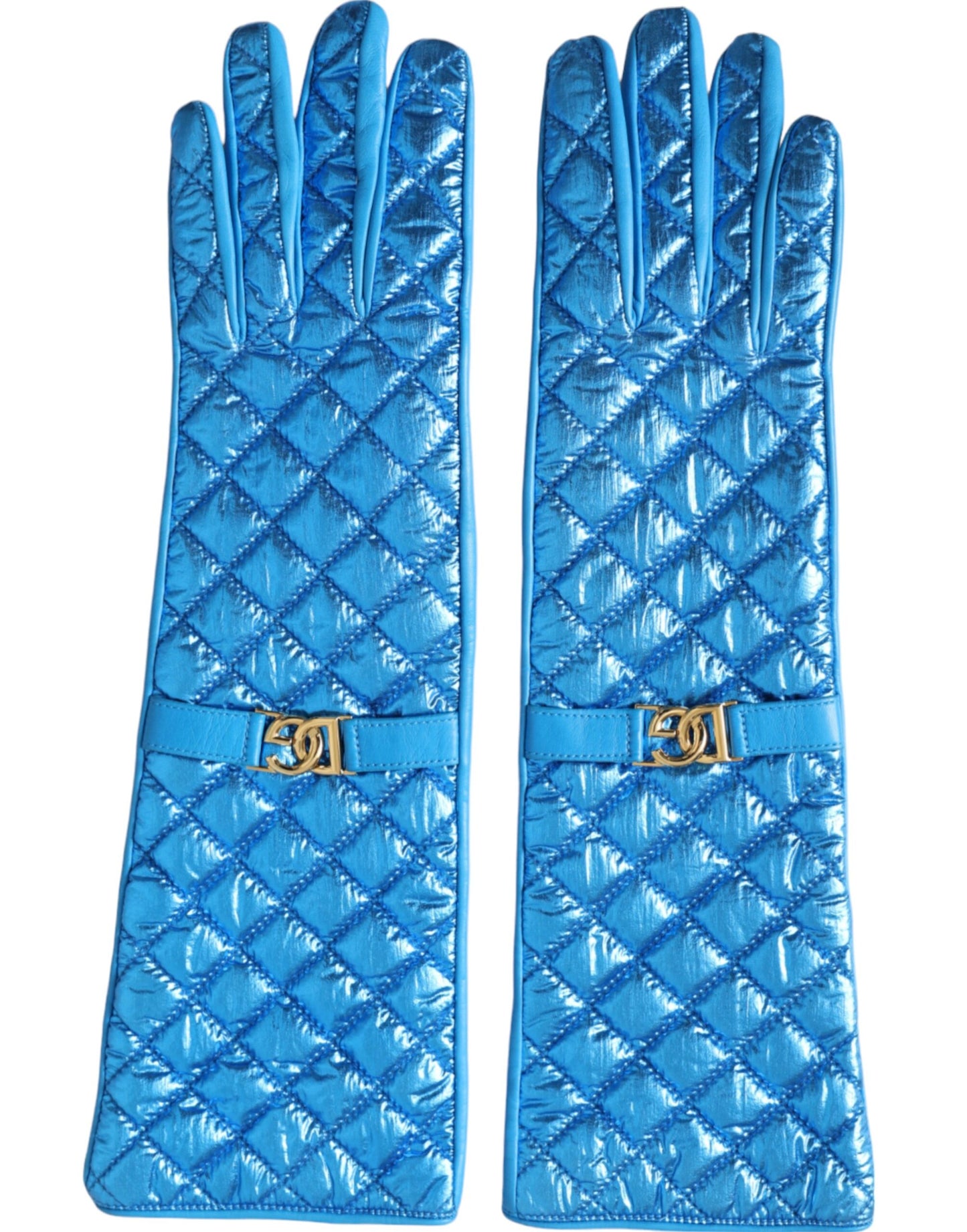 Blue Leather Quilted Mid Arm Length Gloves - The Luxe Alliance