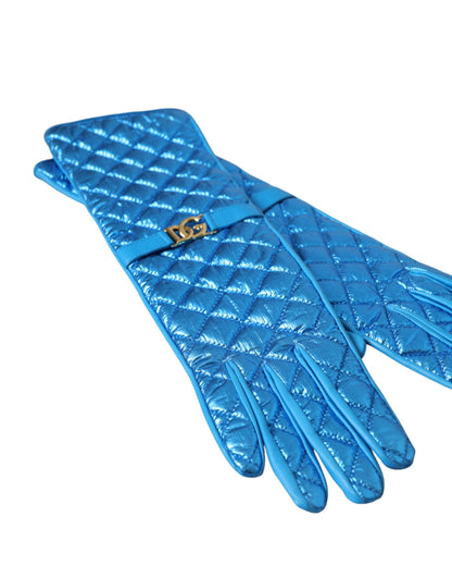 Blue Leather Quilted Mid Arm Length Gloves - The Luxe Alliance