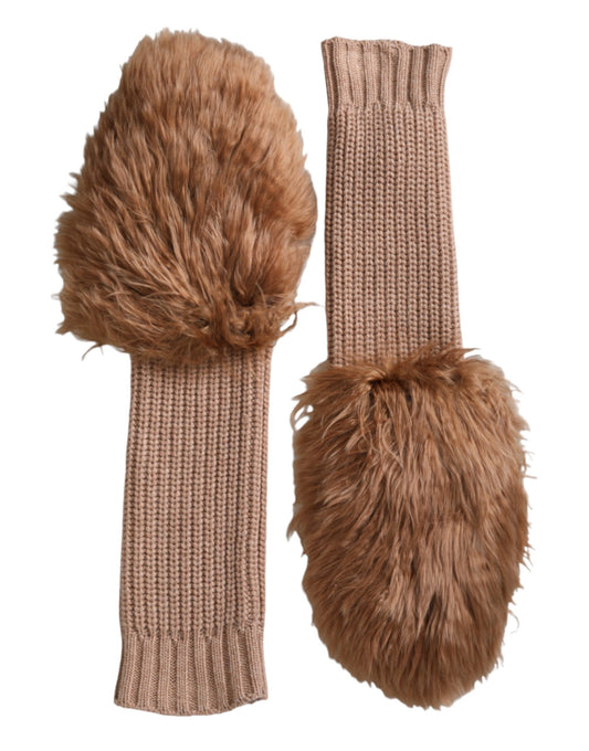  - Brown Cashmere Knitted Fur Mid Arm Mitten Gloves