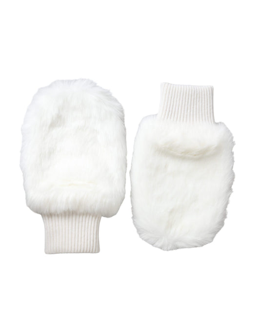  - White Acrylic Knitted Fur Wrist Mitten Gloves