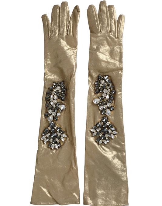  - Beige Satin Crystal Elbow Length Gloves