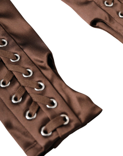  - Brown Acetate Lace Up Fingerless Gloves