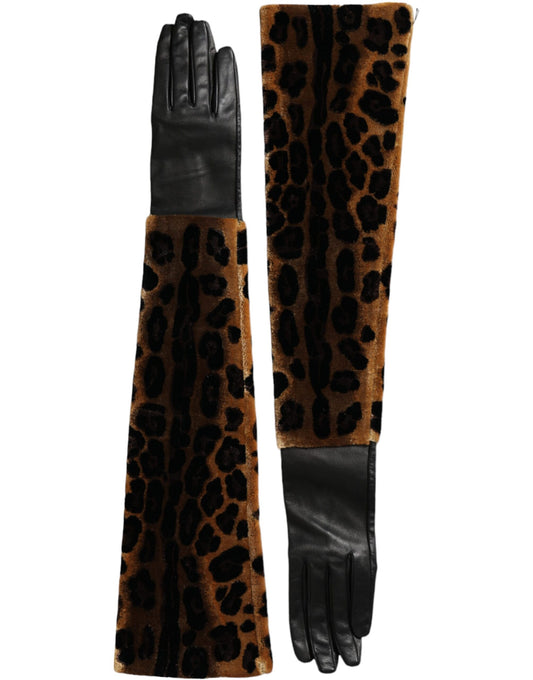  - Brown Black Leopard Leather Elbow Length Gloves