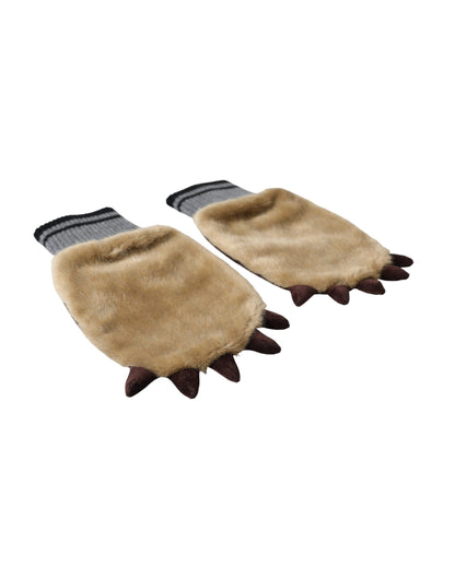  - Beige Acrylic Knitted Fur Wrist Mitten Gloves