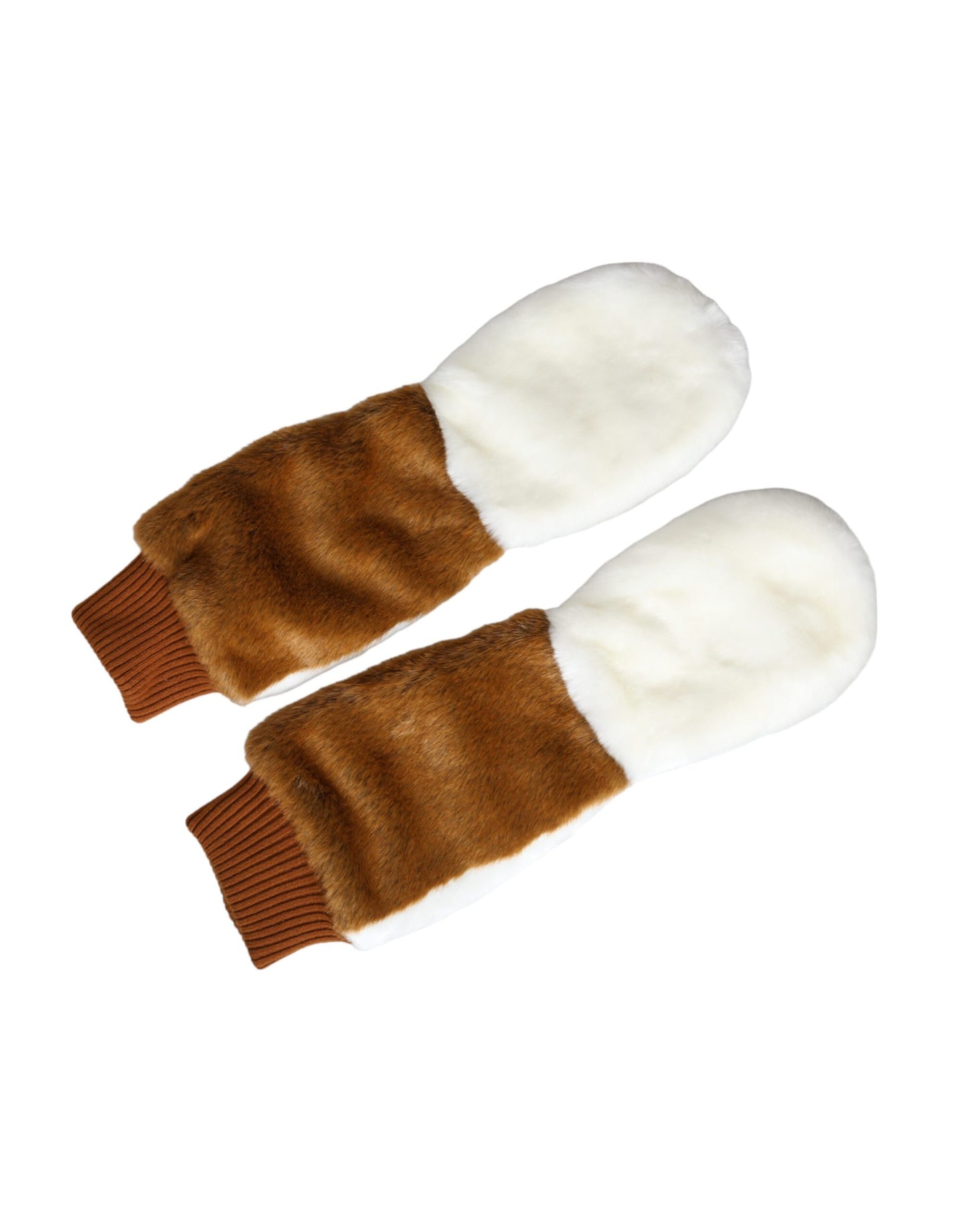  - Brown White Acrylic Knitted Fur Mitten Gloves