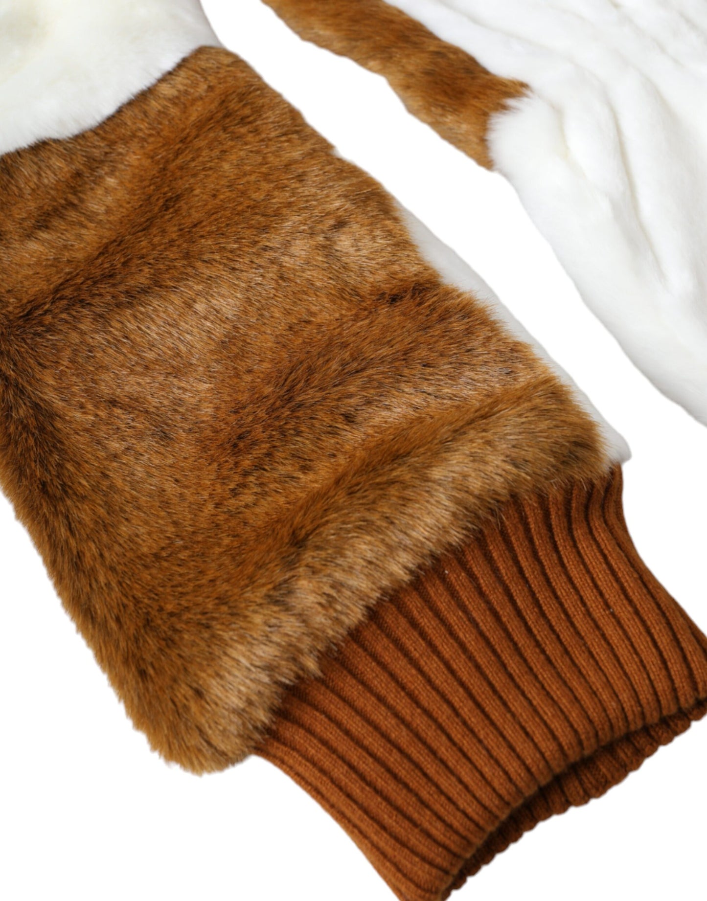  - Brown White Acrylic Knitted Fur Mitten Gloves