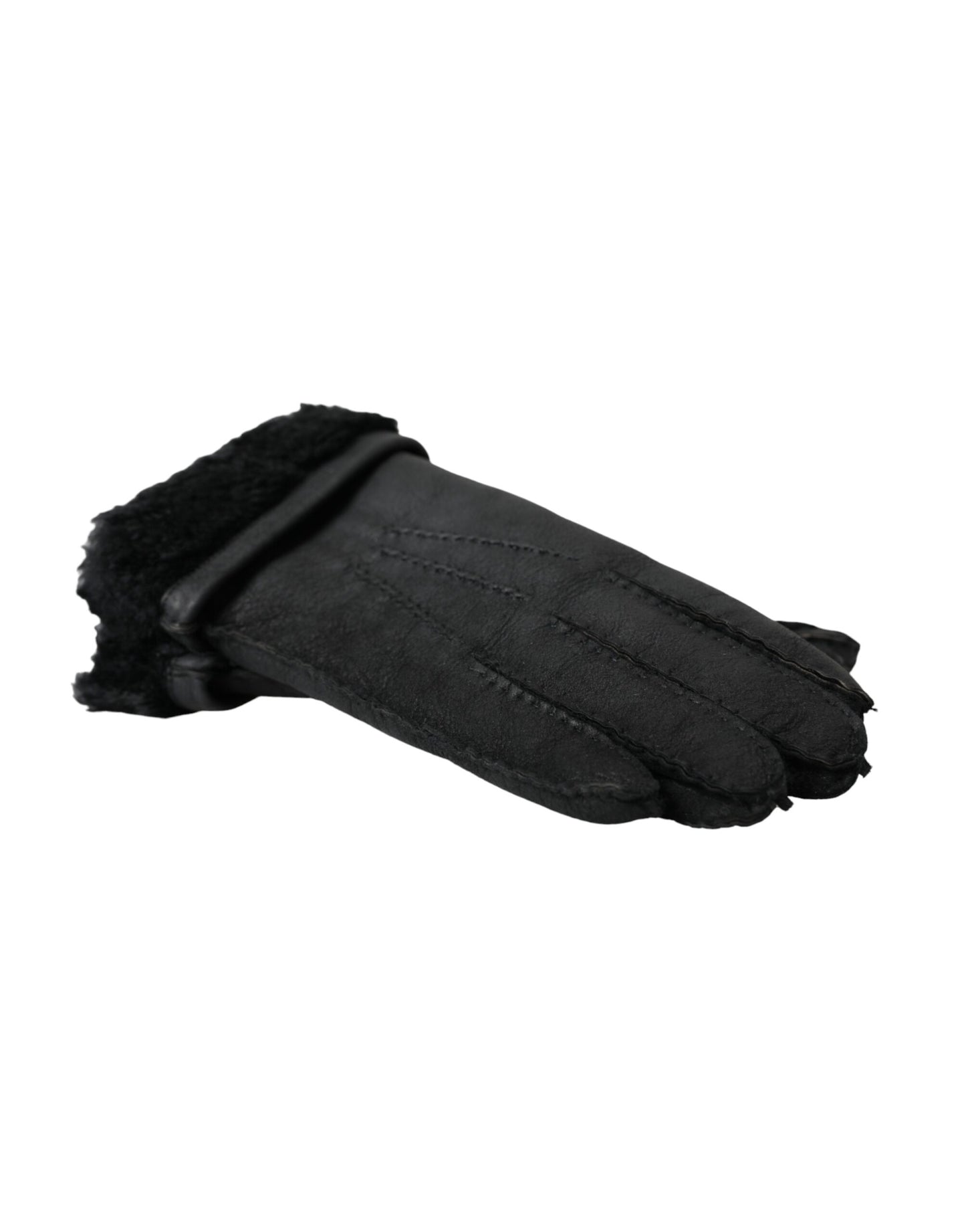  - Black Leather Fur Short Hands Gloves