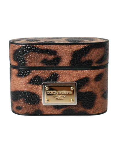 Brown Leopard Calf Leather Logo Plaque Airpods Case - The Luxe Alliance