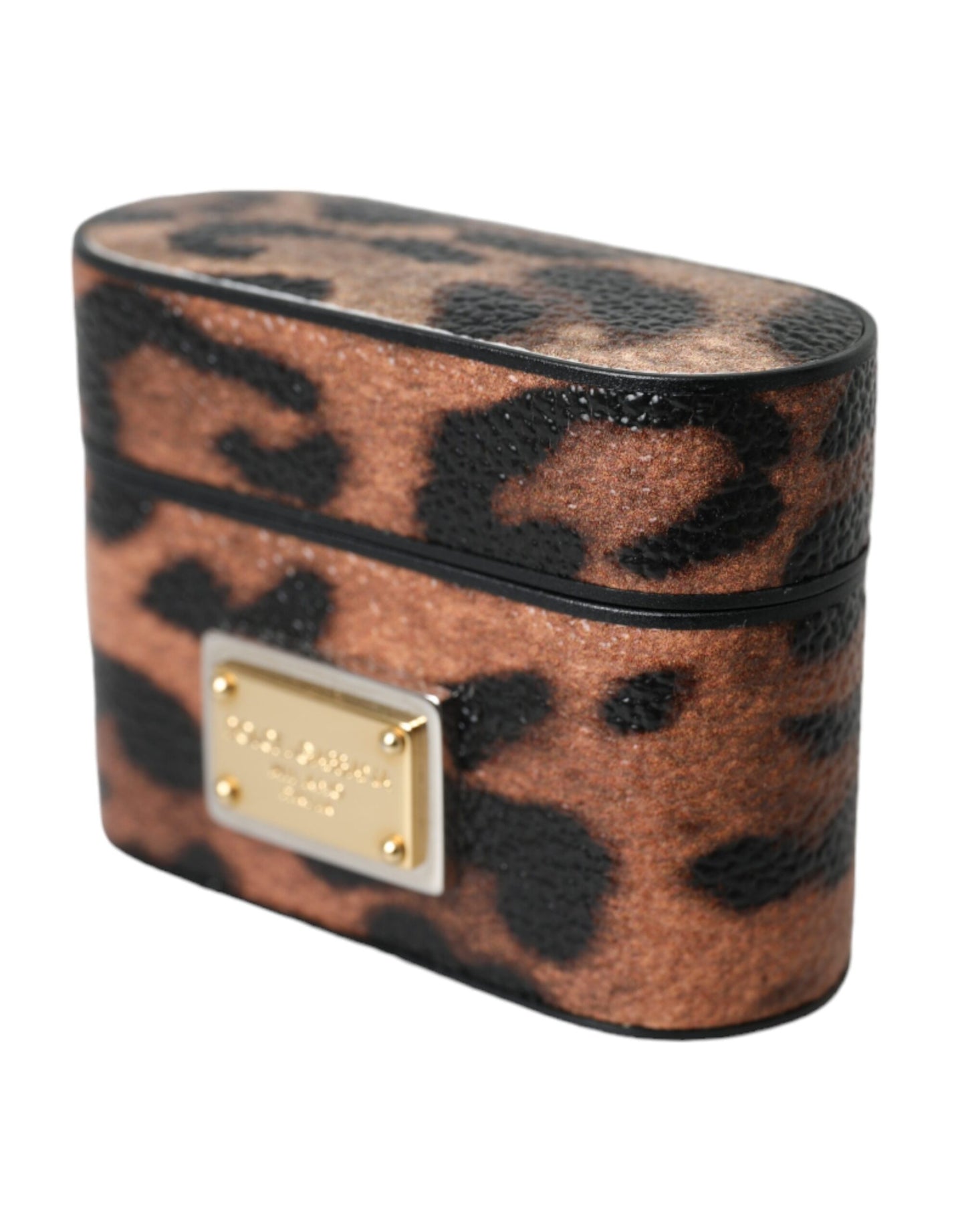 Brown Leopard Calf Leather Logo Plaque Airpods Case - The Luxe Alliance