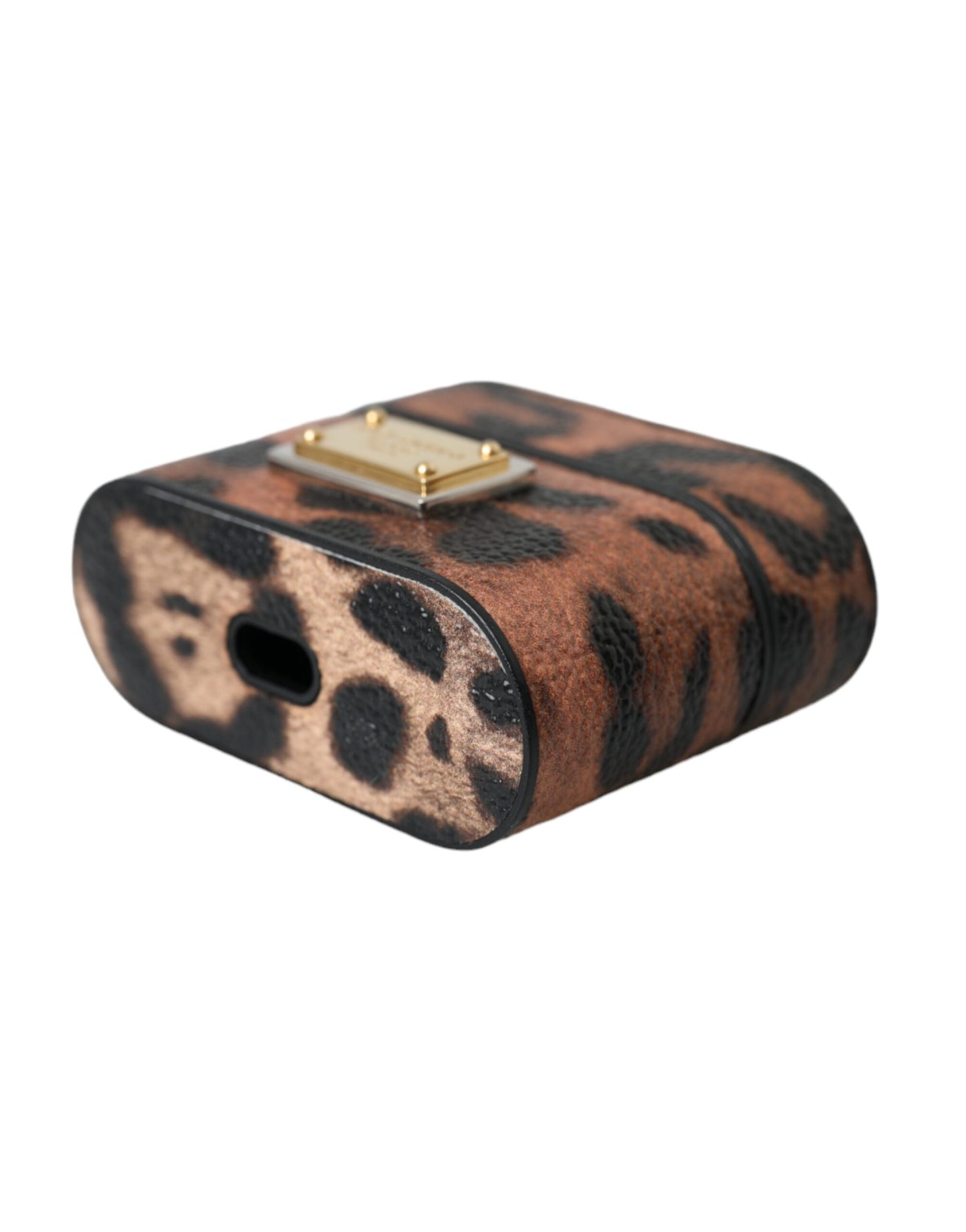 Brown Leopard Calf Leather Logo Plaque Airpods Case - The Luxe Alliance