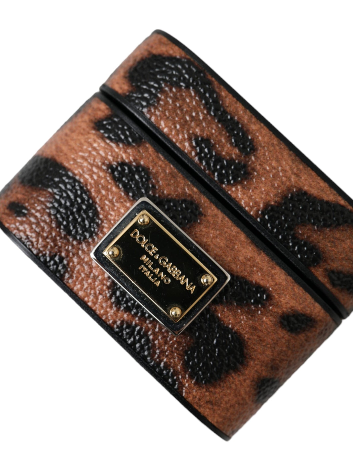 Brown Leopard Calf Leather Logo Plaque Airpods Case - The Luxe Alliance