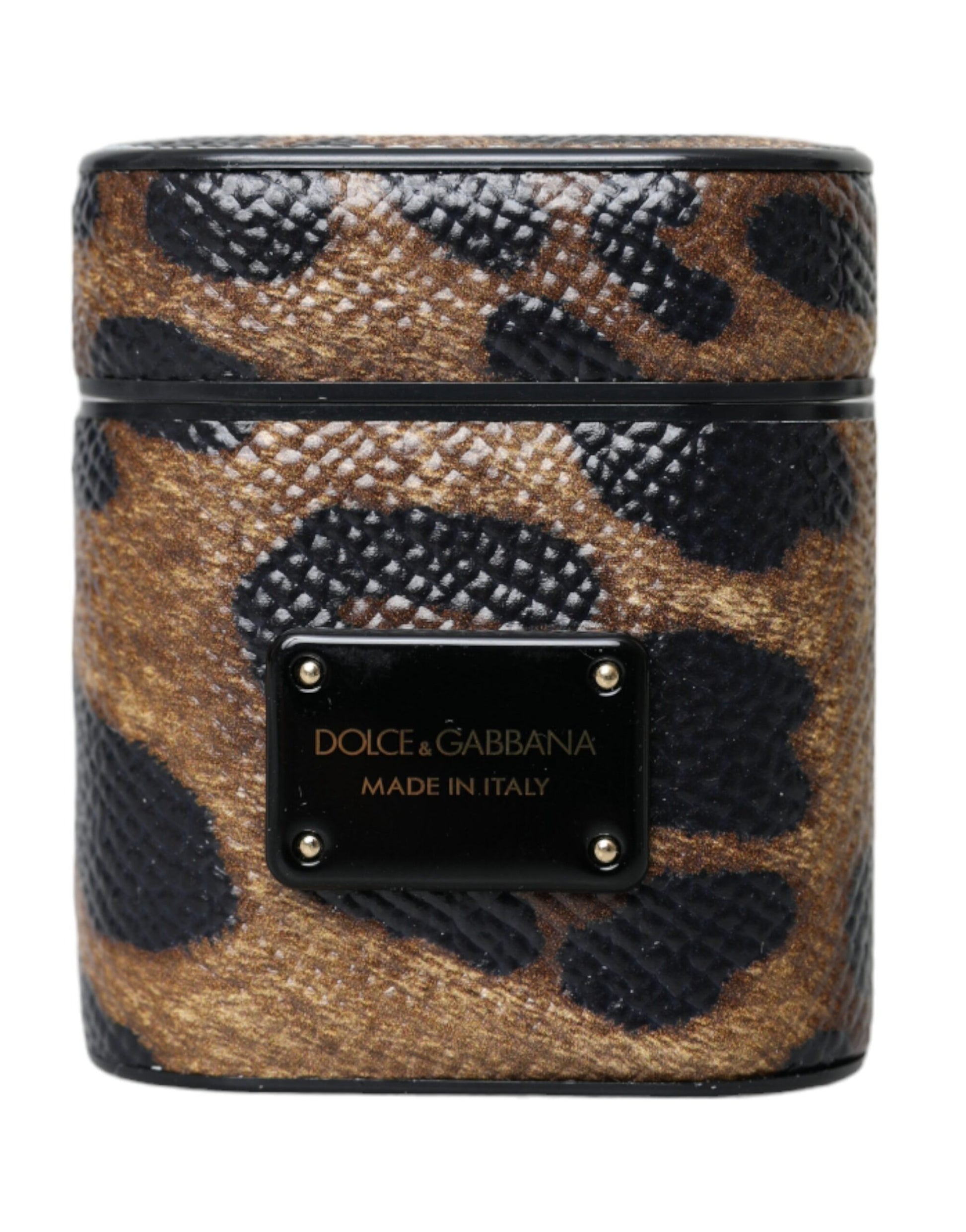 Brown Leopard Calf Leather Metal Logo Plaque Airpods Case by Dolce & Gabbana