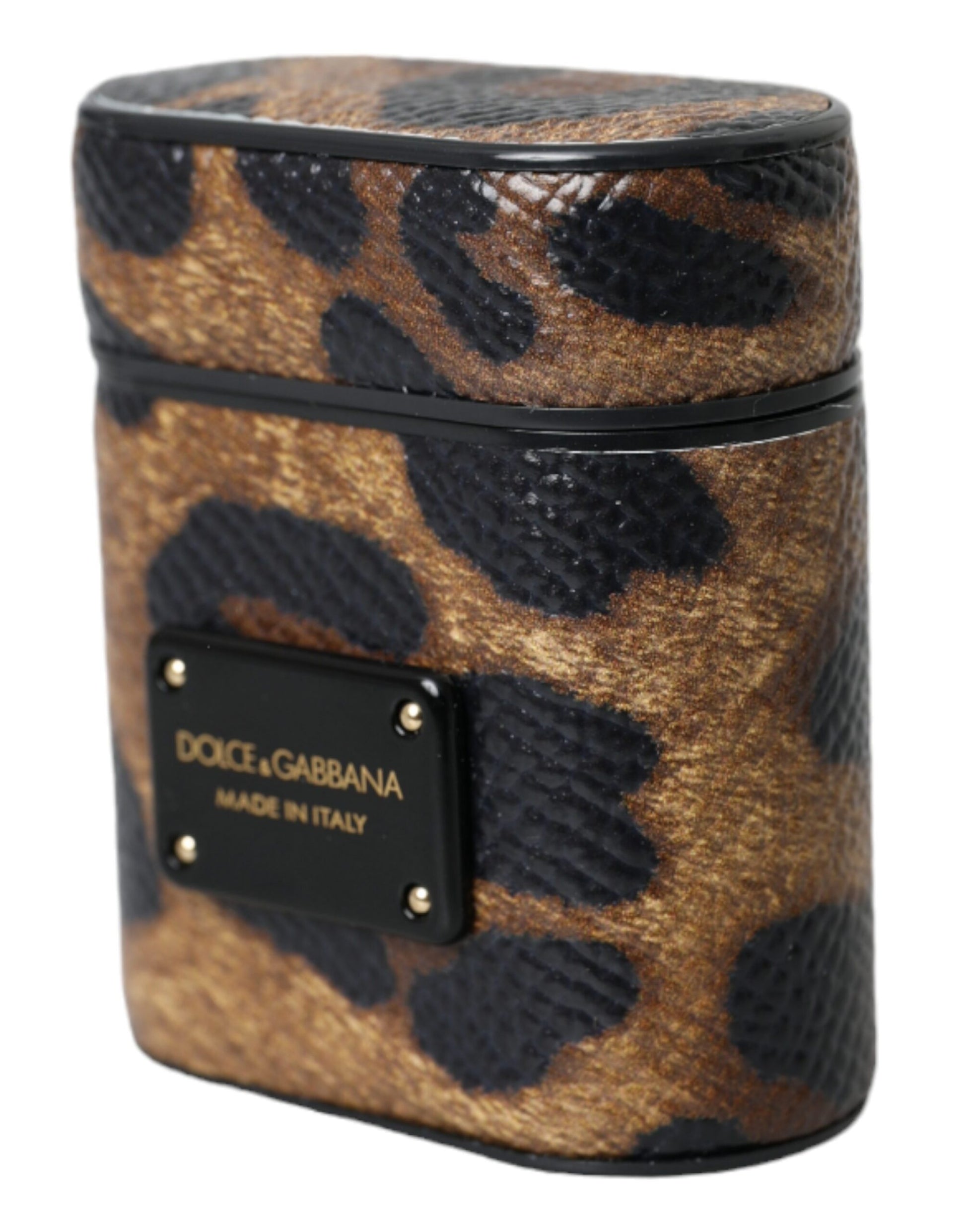 Brown Leopard Calf Leather Metal Logo Plaque Airpods Case by Dolce & Gabbana