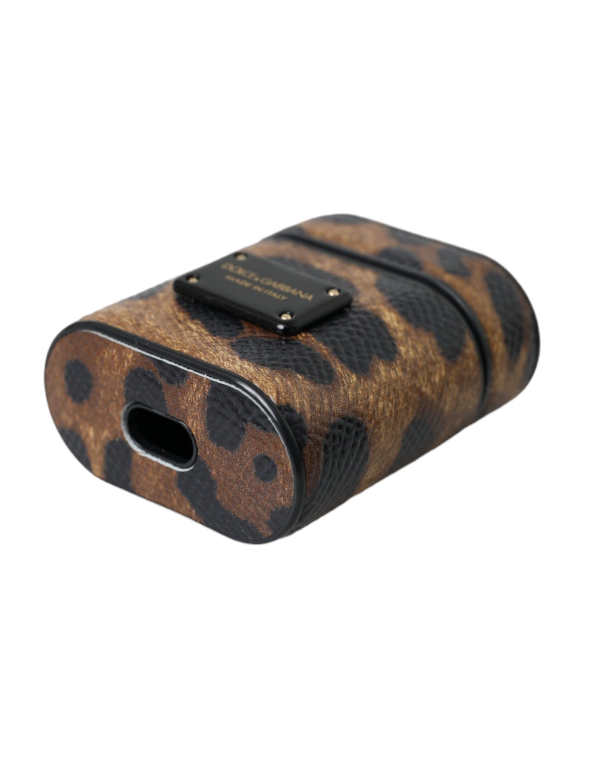 Brown Leopard Calf Leather Metal Logo Plaque Airpods Case by Dolce & Gabbana