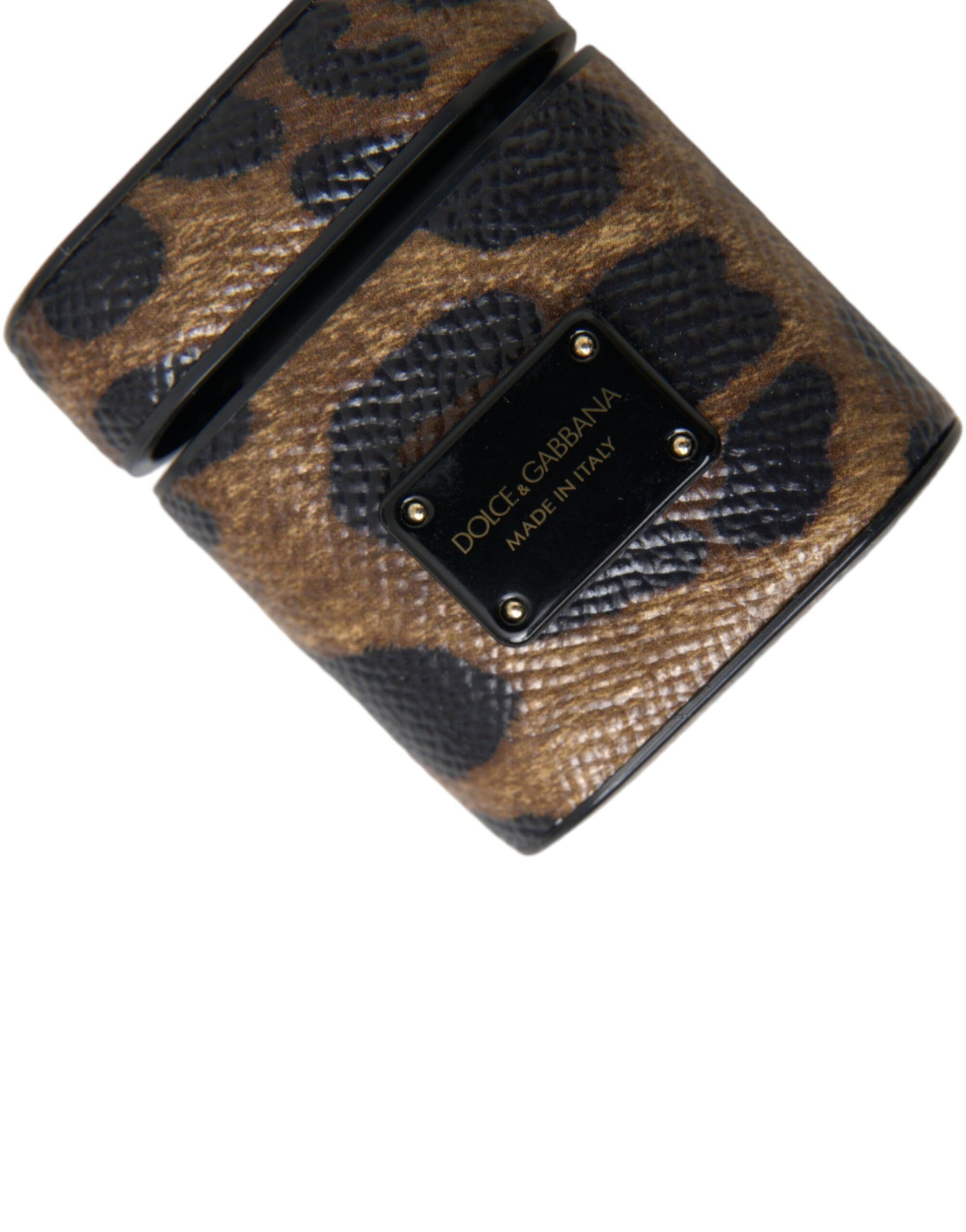 Brown Leopard Calf Leather Metal Logo Plaque Airpods Case by Dolce & Gabbana