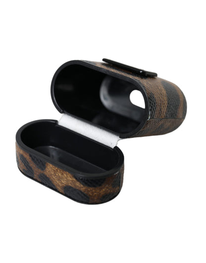 Brown Leopard Calf Leather Metal Logo Plaque Airpods Case by Dolce & Gabbana
