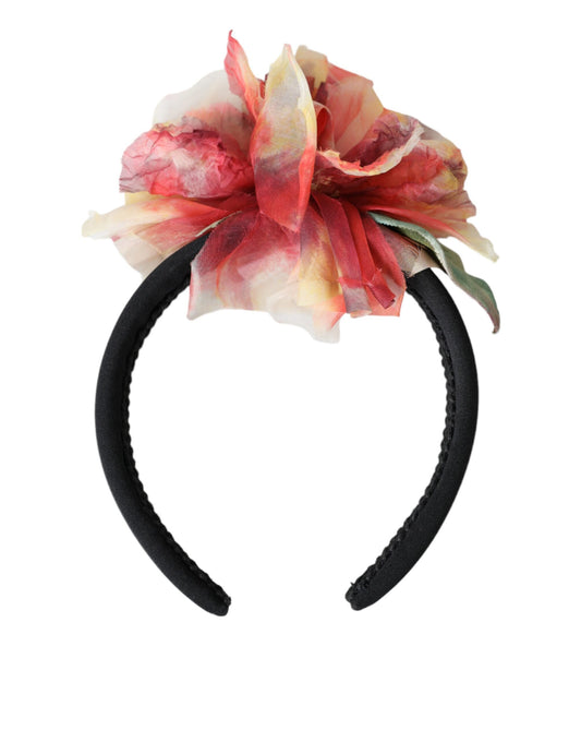 Dolce & Gabbana Rose Pink Silk Floral Black Tiara Women's Hairband Diadem