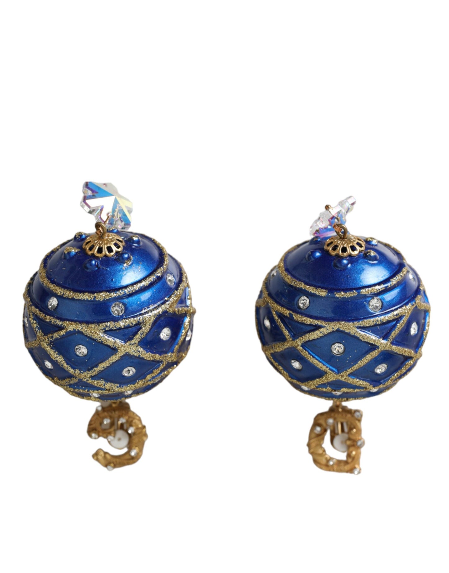  - Gold Brass Blue Dangle Christmas Ball Crystal Clip On Earrings