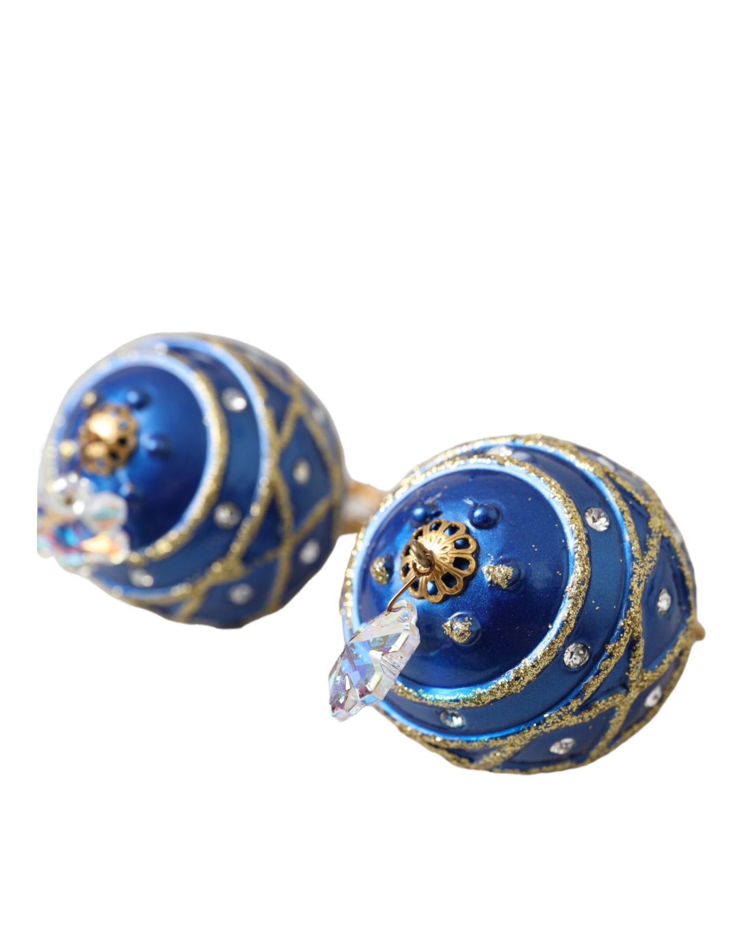  - Gold Brass Blue Dangle Christmas Ball Crystal Clip On Earrings